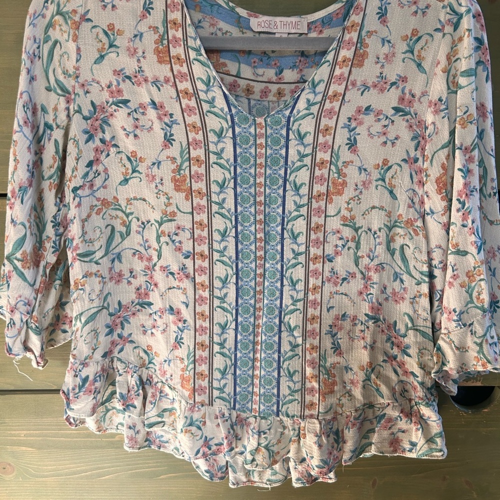 Pink and Blue Ruffled Blouse with 3/4 Sleeves
